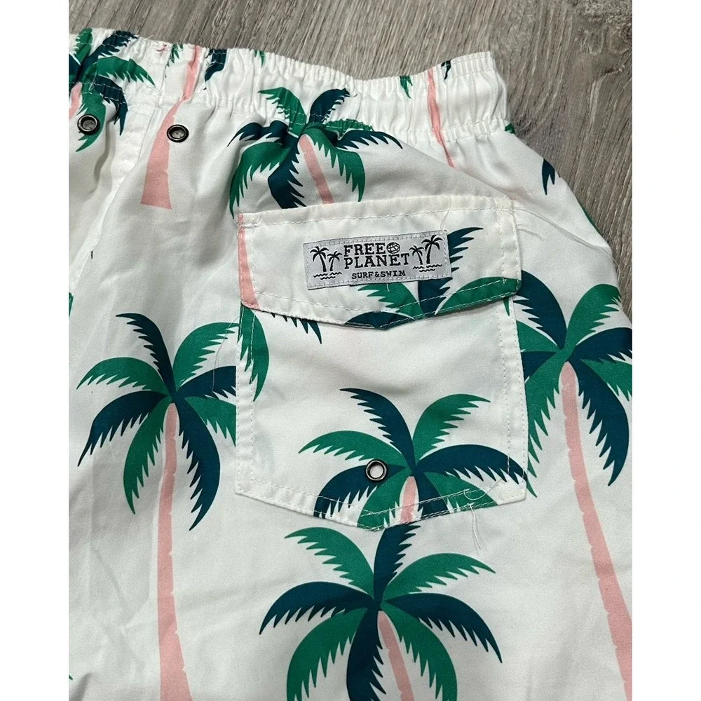 FREE‎ PLANET Swim Shorts Men's Medium White PalmTrees Tropical Swim Trunk Short